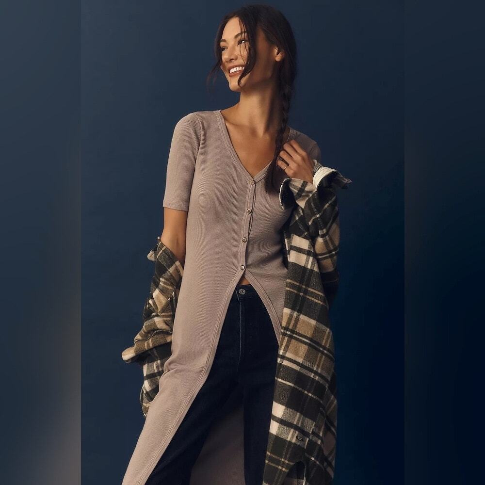 Anthropologie tla Taupe Ribbed Cotton Blend V-Neck Button Duster Cardigan Large